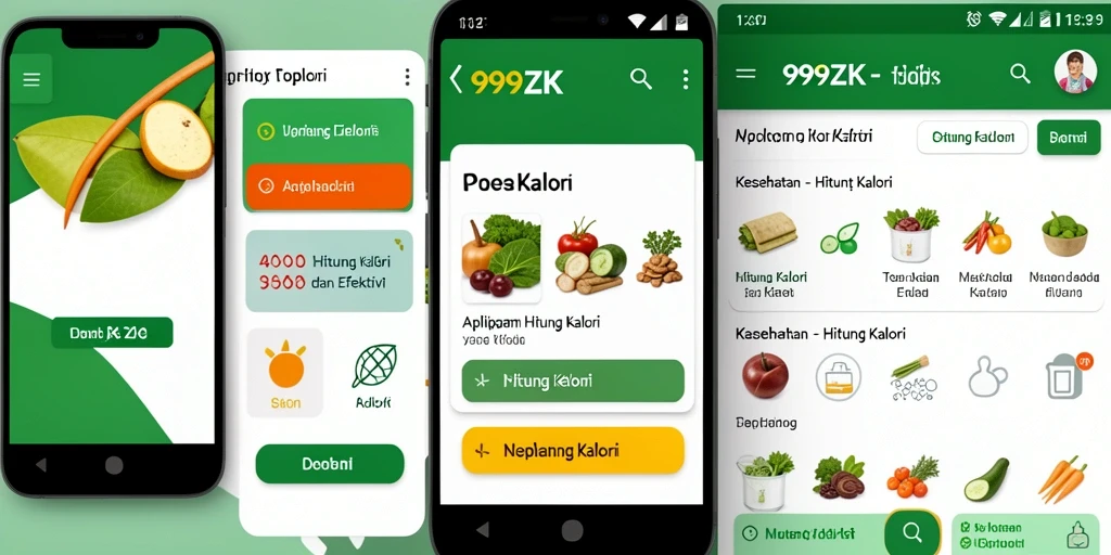 Antarmuka aplikasi 999ZK untuk menghitung kalori yang sederhana dan fungsional.